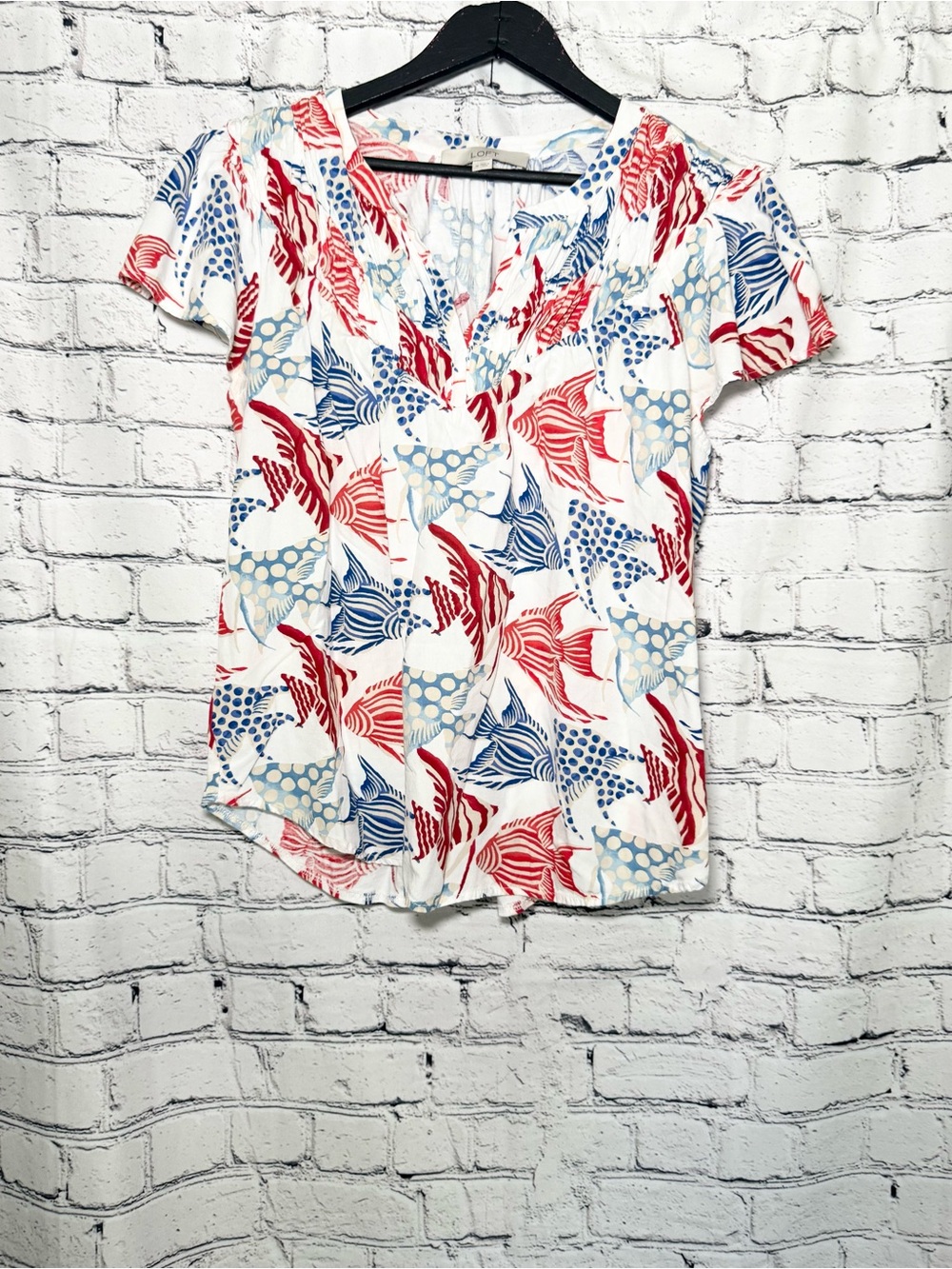 Lightweight White V-Neck Top with Red & Blue Floral Print